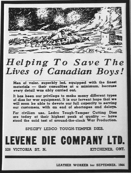 Medco boasted of its products' excellence in this advertisement from the September 1944 Leather Worker Magazine. During the Second World War, thousands of smaller industrial firms, such as Ledco, boosted production not only for the war effort itself but to keep other domestic firms operating. Leduc's relationship with the shoemaking industry is a strong example.