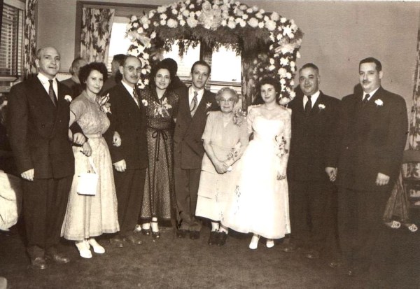 Left to right, Shirley's parents David S. and Nellie Garfield, Harry and Anne Leven, Sol Yates, Grandma Bertha Segal, Shirley M. Yates, Uncle's Irving Segal and Albert Segal. 1949. Courtesy:Shirley Warfield Yates.